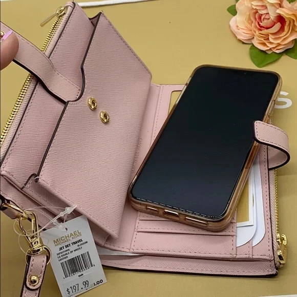 MICHAEL KORS LG DOUBLE ZIP WRISTLET BLOSSOM POWDER BLUSH NWT - Picture 10 of 13